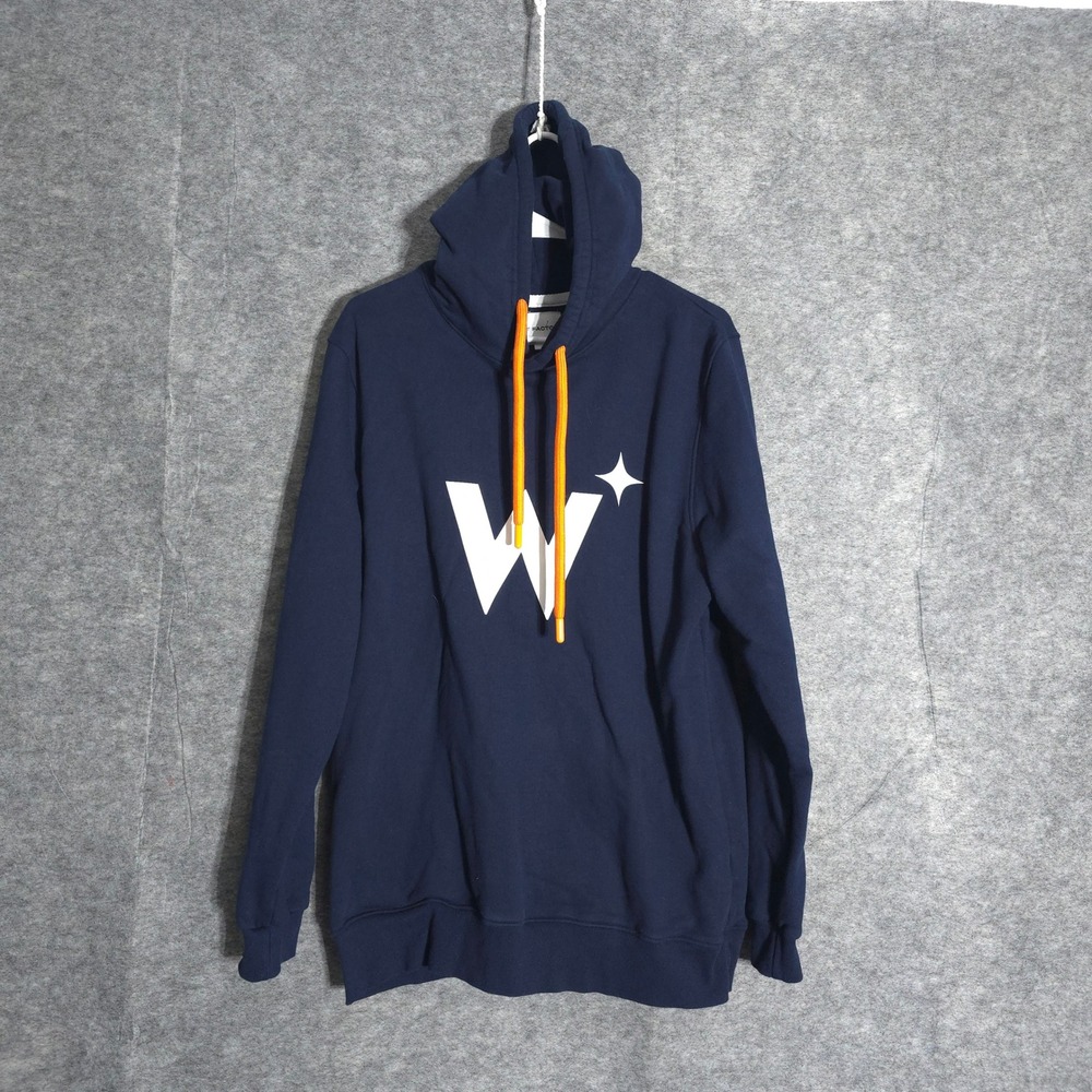 T Factor Graphic Hoodie Men Large Navy Blue Orange Drawstring Cotton Pullover